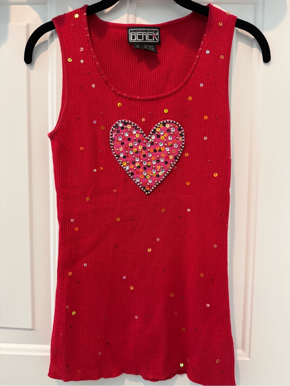 Berek 2 Red Vintage Sequin Ribbed Heart Tank Sz S